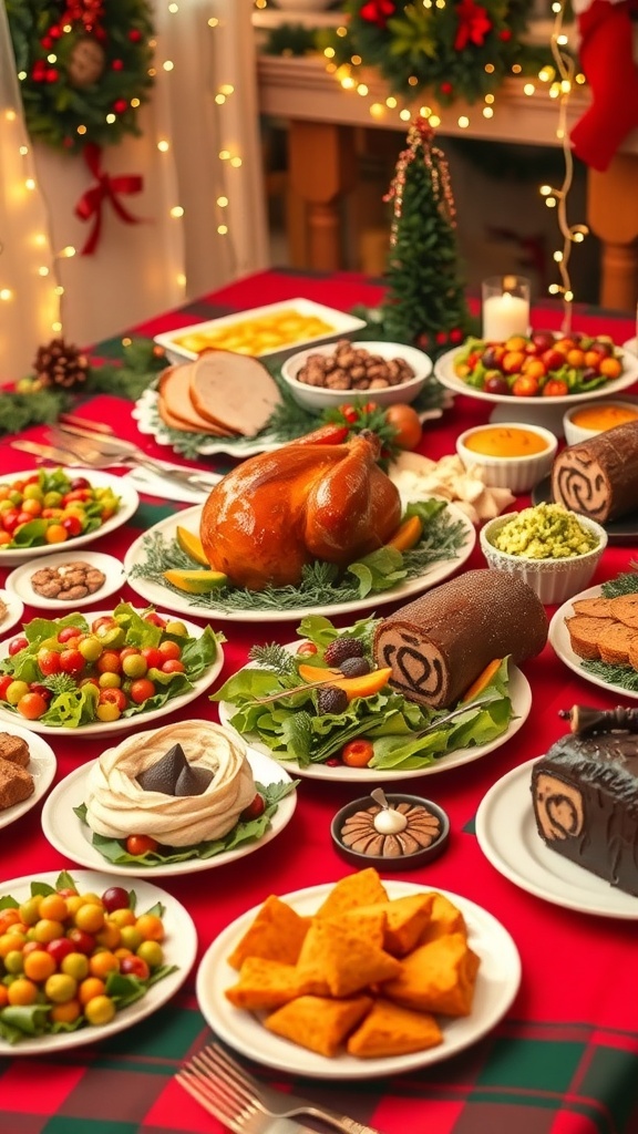 Festive Christmas Dinner Potluck Ideas A festive Christmas potluck table with glazed ham, roasted turkey, salads, and desserts, decorated for the holiday.